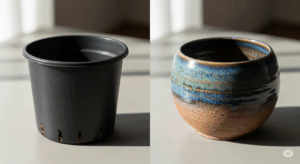 安価で機能的な黒いプラスチック鉢と、デザイン性の高い日本の作家鉢を並べて比較した写真。「最低限ライン」と「こだわりライン」の選択肢を視覚的に表現している。