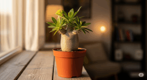 ナーセリーから来たばかりのような、丸々とした塊根と生き生きとした葉を持つ、健康的なパキポディウム・グラキリス。初めての塊根植物を迎えた瞬間の喜びと期待感を表現している。