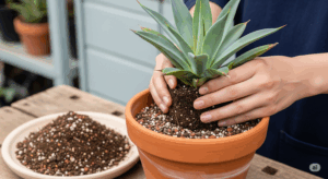 完成した水はけの良い用土を使い、アガベの植え替えをしている手元。植物の健康な成長を支える、土という基盤作りの最終段階を捉えている。