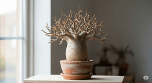 葉を完全に落とし、室内で静かに冬を越すパキポディウム・グラキリス。完全に休眠した株は水を必要としないことを、その彫刻的な姿で示している。