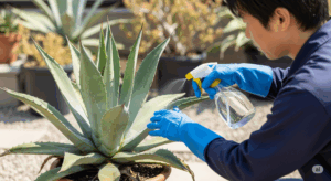 保護手袋を着用した手で、アガベの株全体に殺虫スプレーを徹底的に散布している様子。葉の裏や付け根など、害虫が隠れやすい場所にも薬剤が届くように散布する重要性を示している。