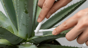 日本人の栽培家が、歯ブラシを使ってアガベの葉の付け根に付着したカイガラムシを物理的に除去している様子。薬剤散布前に行うべき、最も重要な駆除作業を示している。