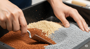 日本人の栽培家が、硬質赤玉土や軽石など数種類の用土をトレーの中で混ぜ合わせている作業風景。「秘伝のレシピ」を自分の手で作り上げる、丁寧な土作りの工程を示している。