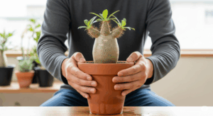 栽培家がパキポディウムの鉢を両手で持ち上げ、その重さで土の乾き具合を判断している様子。水やりのタイミングを見極めるための、最も確実な方法の一つを示している。