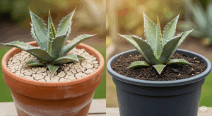 同じタイミングで水やりをした後の、テラコッタ鉢（左）とプラスチック鉢（右）の土の乾き具合の比較。鉢の素材が、水やりの頻度を決定する重要な環境要因であることを示している。