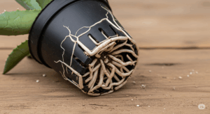 鉢底の穴から、白く健康なアガベの根がはみ出してきている様子。株が大きく成長し、根詰まりを起こしている、典型的な植え替えが必要なサインを捉えた写真。