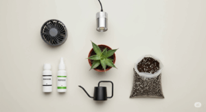 アガベ育成を始めるために必要な7つの必須アイテム（植物本体、鉢、用土、ジョウロ、薬剤、育成ライト、サーキュレーター）が綺麗に並べられた写真。これから何を揃えるべきかが一目で分かる。