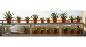 風通しが良いベランダの棚で、健康に育つアガベのコレクション。近くに置かれたサーキュレーターが空気を循環させており、害虫の発生を抑制する理想的な育成環境を示している。