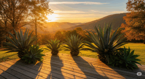 秋の柔らかな夕日を浴びて、生き生きと育つアガベのコレクション。夏の厳しい暑さが和らいだ、植物にとって快適な「ゴールデンタイム」の到来を感じさせる一枚。