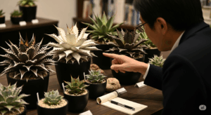 様々な特徴を持つアガベ・チタノタが並べられた中から、真剣な眼差しでお気に入りの一株を選んでいるコレクター。自分だけの「推し」を見つける、品種選びの楽しさを表現している。