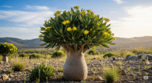 適切な夏越し管理のもと、真夏でも元気に葉を茂らせるパキポディウム・グラキリス。厳しい季節を乗り越えた先にある、力強い成長の喜びを象徴する一枚。