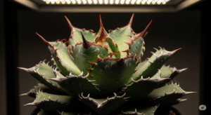 植物育成ライトの下で育てられ、徒長することなく、非常に引き締まったボール状のフォルムになったアガベ・チタノタの完成形。ライトによって理想の株姿を実現できることを示す、説得力のある一枚。