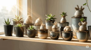 様々なアガベや塊根植物が、それぞれに合った個性的な鉢に植えられ、美しく並べられた棚。鉢選びを極めることで生まれる、統一感のある豊かなコレクションの様子を示している。