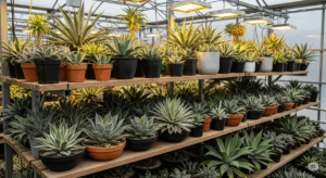 個人栽培家の棚にずらりと並べられた、多種多様なアガベのコレクション。「アガベ沼」という言葉が示す、コレクション性の高さと一度ハマると抜け出せない底なしの魅力を象徴する一枚。