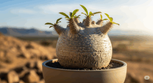 丸い塊根が特徴的なパキポディウム・グラキリスが、そのフォルムを引き立てる鉢に植えられている。塊根の存在感を際立たせる、計算された鉢選びの実例。