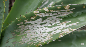 アザミウマの食害によって、葉の表面が白っぽくカスリ状になったアガベの被害写真。虫本体が見えなくても被害を特定できる、アザミウマ特有の症状がよく分かる。