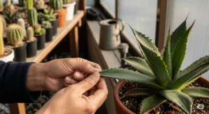 栽培家が自宅の育成環境で、愛培するアガベ・ホリダの葉の状態を優しく確認している様子。「栽培録」という記事のテーマである、日々の丁寧な観察と管理を象徴している。