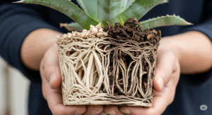 鉢から抜かれたアガベの根の状態。健康な白い根と、黒く腐ってしまった根がはっきりと写っており、根腐れの診断基準を視覚的に示している。