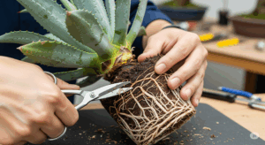 植え替え作業で最も重要な、アガベの根の整理をしている手元のクローズアップ。清潔なハサミを使い、古くなった下部の根をカットしている様子で、適切な根の処理方法を示している。