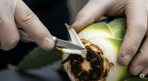 清潔なカッターを使い、アガベの根腐れした部分を健康な白い組織が見えるまで切除している外科手術の様子。復活させるために最も重要な、患部の徹底的な除去作業を示している。