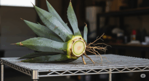 根腐れの外科手術を終え、風通しの良い日陰で切り口を乾燥させているアガベ。再発を防ぎ、新しい発根を促すための重要な養生期間（集中治療）の様子。