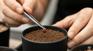 ピンセットを使い、湿らせた用土の上にパキポディウムの種子を一つずつ丁寧に置いていく作業。覆土をしない、という実生の重要なポイントを視覚的に伝えている。