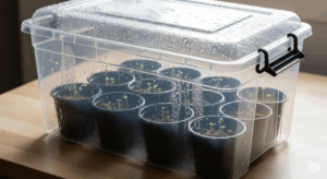 種まきを終えた鉢を、蓋付きの透明なケースに入れ、湿度を高く保っている様子。発芽を促すための、高温・高湿度の「ミニ温室」環境を示している。