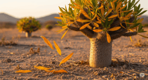 葉が黄色く色づき、落葉を始めたパキポディウム。冬の休眠期に入ったことを示す、分かりやすいサインを捉えた写真。