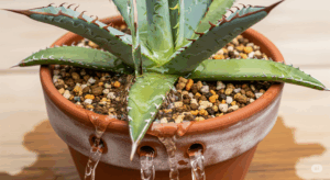 アガベの鉢にたっぷりと水やりをし、鉢底から水が勢いよく流れ出ている瞬間。鉢の中の古い空気を押し出し、根に新鮮な酸素を届ける「乾いたらたっぷり」の原則を視覚的に表現。