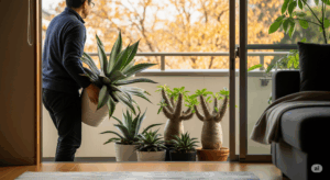 冬の寒さから守るため、ベランダで育てていたアガベやパキポディウムを室内に取り込んでいる様子。最低気温が10℃を下回ったら行う、重要な冬支度の作業を示している。