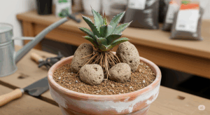 乾いた水はけの良い用土に、下準備を終えたアガベのベアルート株を植え付け、軽石でぐらつかないように固定した状態。最も基本となる土耕発根の正しいセットアップを示している。