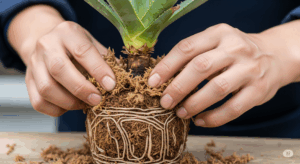 アガベのベアルート株の株元を、湿らせたミズゴケで優しく包み込んでいる手元。高湿度を保ち、スピーディーな発根を促すミズゴケ発根の具体的な作業工程。