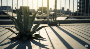 夏の強い日差しとコンクリートの照り返しに晒されるアガベ。日本の都市部における、植物にとって過酷な夏の育成環境を象徴している一枚。