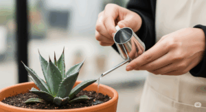 休眠中のアガベに、細口のジョウロでごく少量の水を与えている手元。株に直接かけず、鉢の縁に沿って静かに注ぐ、冬ならではの繊細な水やり方法を具体的に示している。