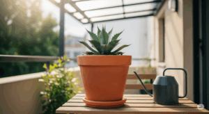 新しい鉢への植え替えが完了したアガベが、明るい日陰で養生している穏やかな様子。すぐそばにジョウロが置かれ、数日後の最初の水やりを待つ、植え替え後の適切な管理環境を示している。