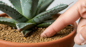 アガベの鉢土に指を差し込み、土の中の乾き具合を確認している様子。夏の管理とは異なり、土の中までしっかり乾いたことを見極める、秋の水やりの重要なポイントを示している。