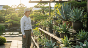 夏の光の中で、健康に育つアガベのコレクションを穏やかな表情で眺める栽培家。葉焼けの失敗を乗り越え、適切な管理方法を身につけた、経験豊富なオーナーの姿を象徴している。