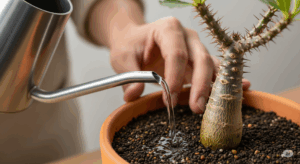 栽培家が、購入後初めてパキポディウム・グラキリスに水やりをしている手元。塊根を避け、鉢土にだけ優しく、しかし鉢底から抜けるまでたっぷりと与える、緊張の瞬間の作業風景。
