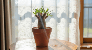 購入したばかりのパキポディウム・グラキリスが、レースカーテン越しの柔らかな光が当たる、風通しの良い場所に置かれている。新しい環境に慣れさせるための、最初の1週間の適切な「養生」の様子。