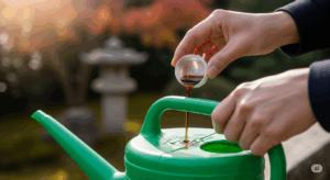 日本人の栽培家が、ジョウロの水に液体肥料を計量して加えている手元のクローズアップ。成長を加速させるため、適切な濃度の肥料を準備する丁寧な作業を示している。