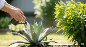 強い光（光）の下、栽培家がアガベに水やり（水）をし、その隣で心地よい風（風）に葉がそよいでいる。鋸歯を厳つく育てるために重要な3大要素「光・水・風」を一枚で表現した象徴的な写真。