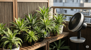 風通しを確保するため、アガベが置かれた棚の近くで稼働するサーキュレーター。夏の高温多湿な環境で、蒸れによる根腐れや害虫の発生を防ぐための重要な工夫を示している。