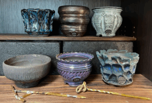 夢風組の複数の陶器の植木鉢がたくさんある