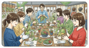 BOTAJAMのワークショップでビカクシダの板付けを学ぶ参加者