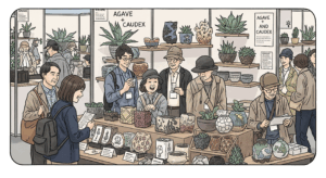 BOTAJAMのクリエイティブブースに並ぶ作家鉢やプランツタグ