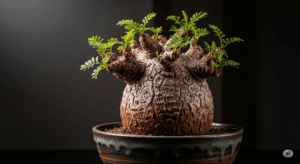 ギャラリーのような照明の下、風格ある作家鉢に植えられたオペルクリカリア・パキプスの成熟株。ゴツゴツとした塊根の肌質と、そこから芽吹く繊細な葉の対比が「塊根植物の王様」の威厳を物語っている。