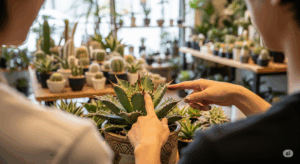 植物専門店の店主が客に対し、アガベ・チタノタの鋸歯（きょし）の特徴を指差して丁寧に説明している様子。専門的なアドバイスを受けられる、信頼できる販売店ならではの安心感と価値を伝える写真。