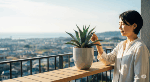 窓からの明るい光が差し込む部屋で、新しく手に入れたアガベをお気に入りの鉢に植え、満足そうに眺めている人の横顔。この記事を参考にすることで得られる、豊かで満たされたアガベライフを想起させる一枚。