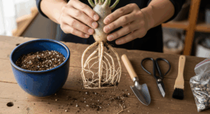 植え替えの際に鉢から丁寧に取り出されたオペルクリカリア・パキプスの根鉢。健康的で張りのある根の状態を見せることで、根腐れなどのトラブルをチェックする際の基準を示している。