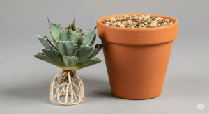 土から抜かれ、健康的な白い根が露出したアガベの抜き苗（ベアルート株）と、植え付け用に準備された鉢。購入後に発根管理という作業が必要になる状態を、初心者にも分かりやすく視覚的に説明している。
